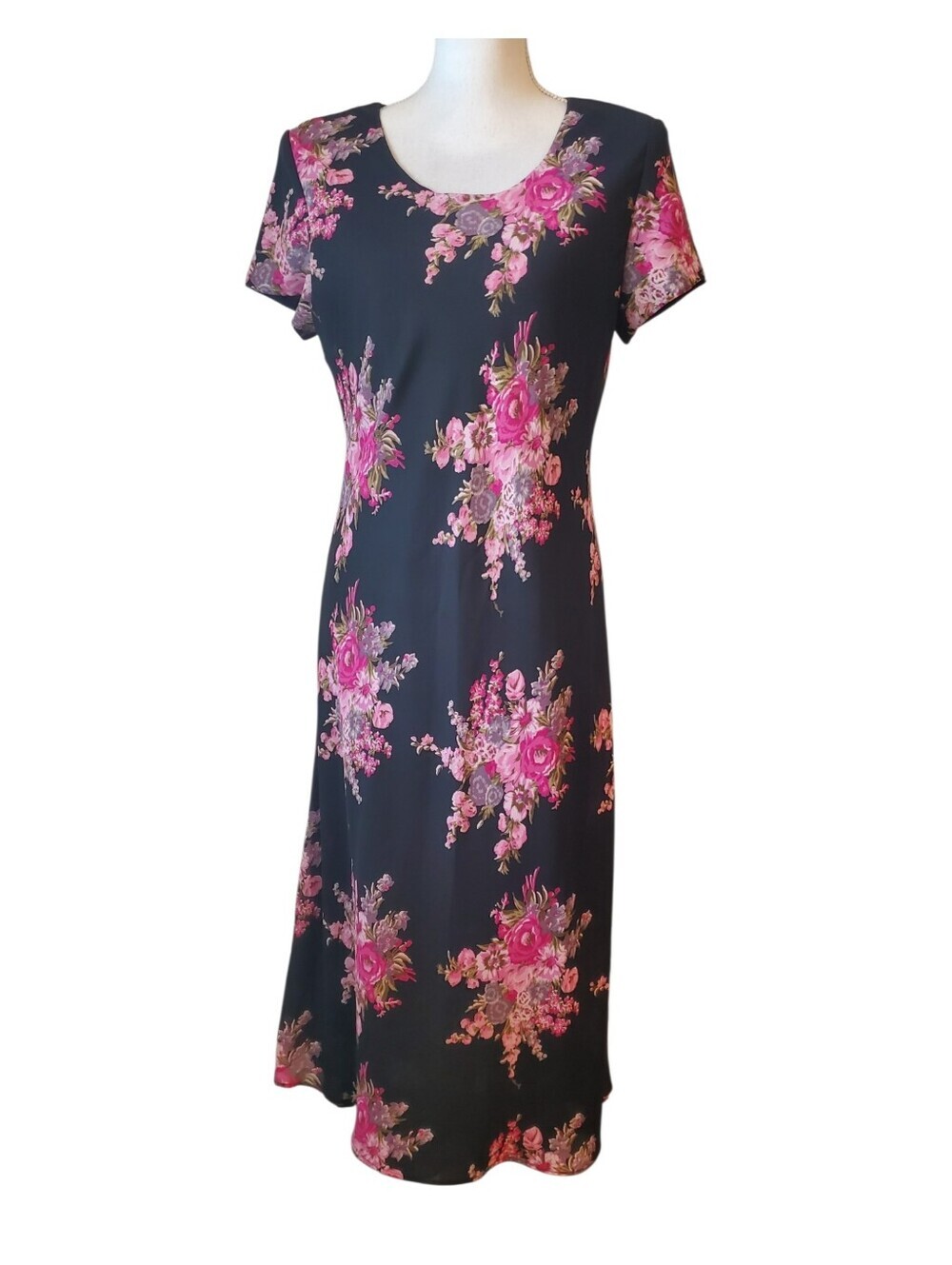 Miss Dorby Black Pink Floral Maxi Dress Short Sleeve Scoop Neck Cottagecore 12P